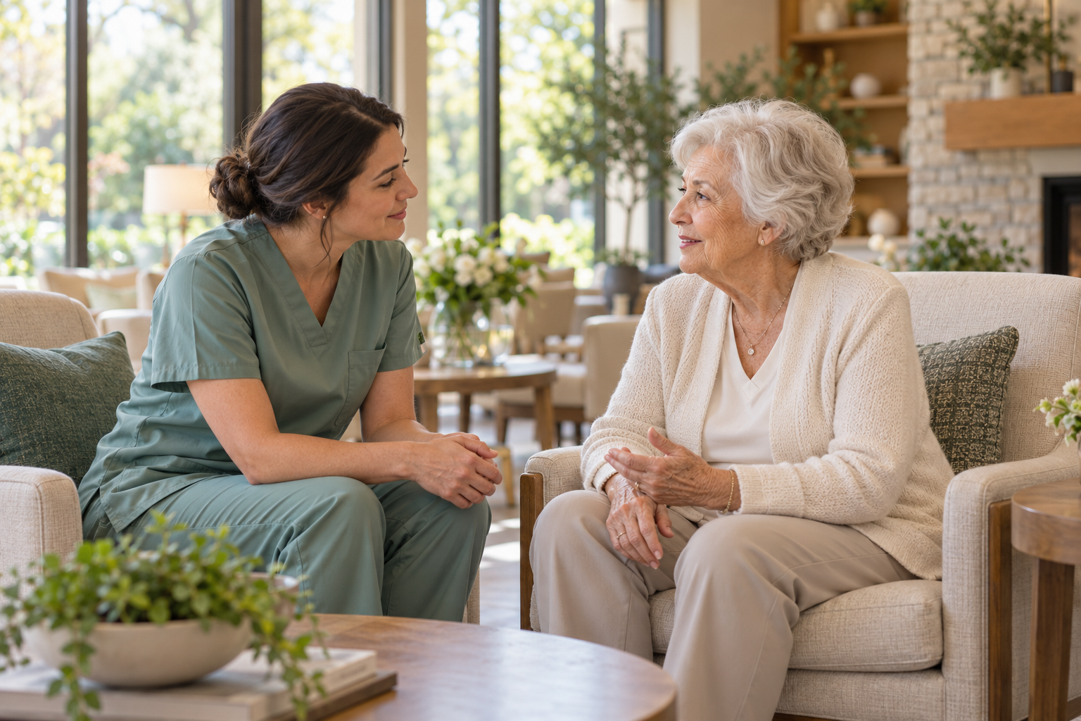 An older resident and a care professional sharing a conversation in a bright, welcoming care community